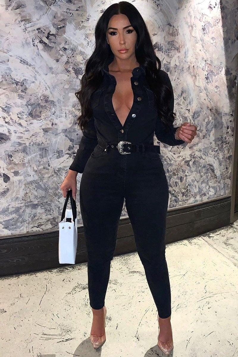 Daisy Charcoal Long Sleeve Denim Jumpsuit