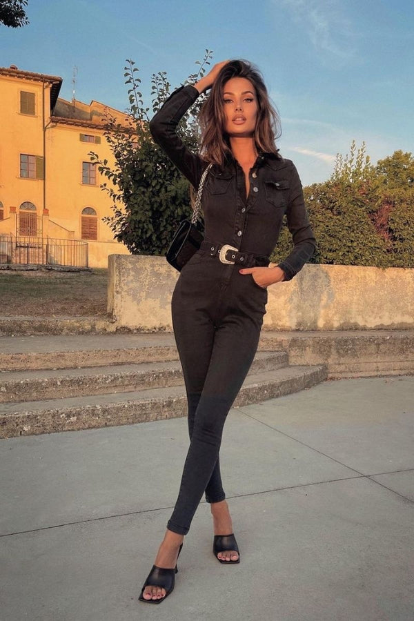 Daisy Charcoal Long Sleeve Denim Jumpsuit