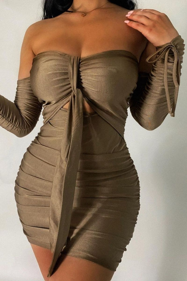 Paige Slinky Cut Out Ruched Bardot Dress