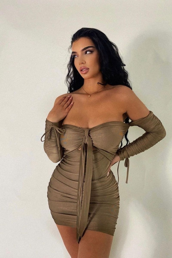 Paige Slinky Cut Out Ruched Bardot Dress
