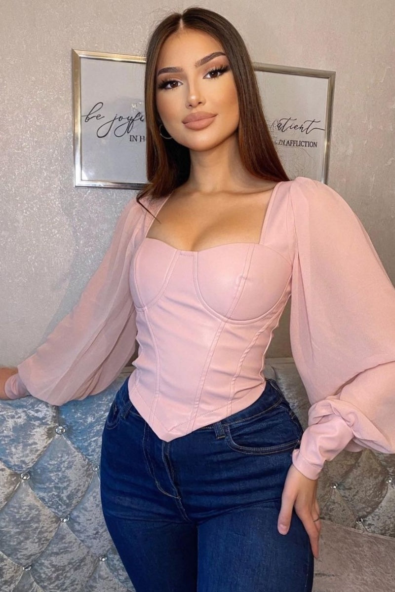 Faye Pink Leather Corset Top With Sheer Sleeves